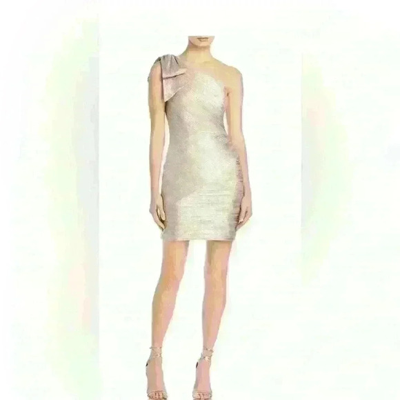 NWT- Aqua Formal Beige Zippered Shoulder Bow Sleeveless Asymmetrical Dress - Picture 6 of 7